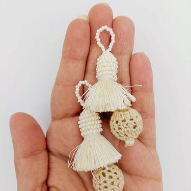 Beige Crochet Ball Tassels With White Pearls Beads, Tassel Charms, Nylon Tassels x 2